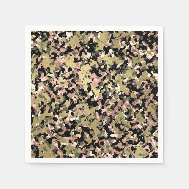 Servilleta De Papel Patrón de Camuflaje Verde Rosa Dorado Negro Fiesta (Anverso)