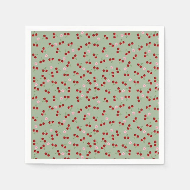 Servilleta De Papel Patrón de cerezas en fondo verde (Anverso)