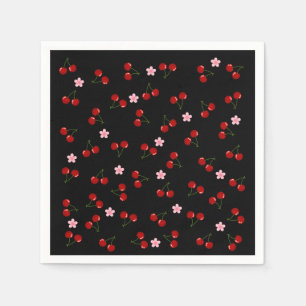 Servilleta De Papel Patrón de Cerezas sobre Fondo Negro