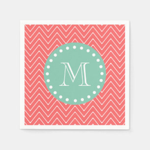 Servilleta De Papel Patrón de cheurón coral Monograma verde de menta