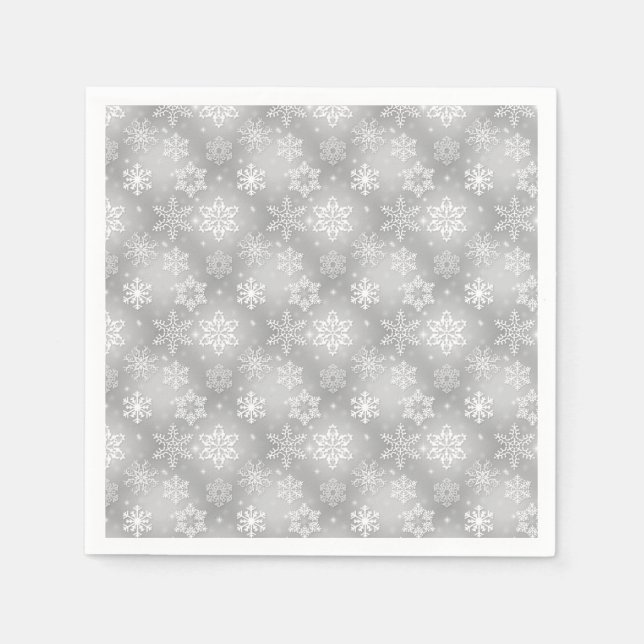 Servilleta De Papel Patrón de copo de nieve blanco y plateado (Anverso)