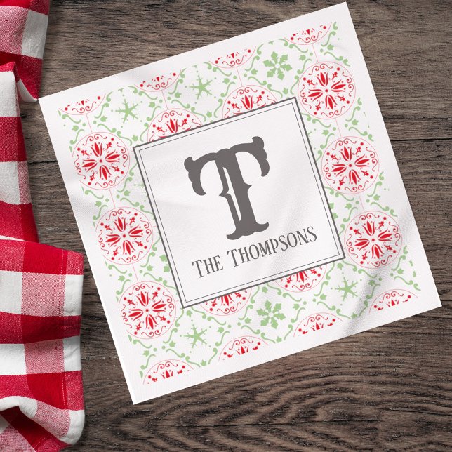 Servilleta De Papel Patrón de copo de nieve de vacaciones simple Monog (Personalized Christmas monogram napkin with red snowflake pattern.)