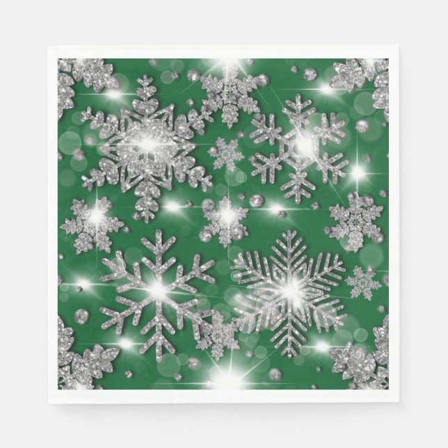 Servilleta De Papel Patrón de copo de nieve festivo verde plateado Pur (Anverso)