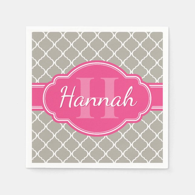 Servilleta De Papel Patrón de cuarzo blanco gris Monograma rosado (Anverso)