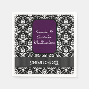 Servilleta De Papel Patrón de damasco de boda negro, púrpura y blanco