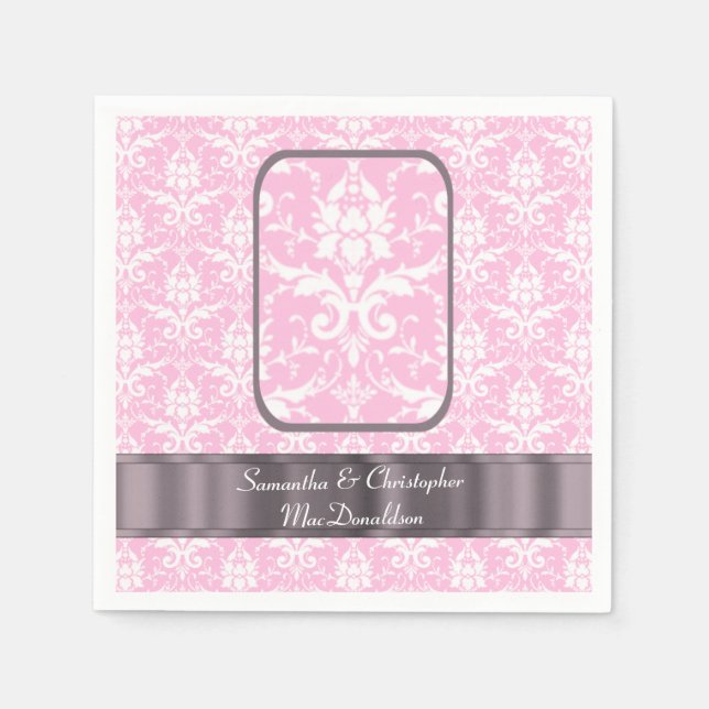 Servilleta De Papel Patrón de damasco de boda rosa y blanco (Anverso)
