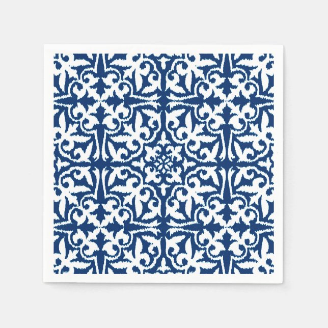 Servilleta De Papel Patrón de damasco de Ikat - Azul cobalto y blanco (Anverso)