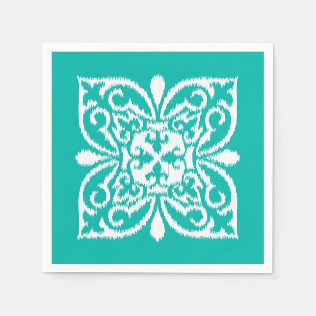 Servilleta De Papel Patrón de damasco de Ikat - turquesa y blanco (Anverso)