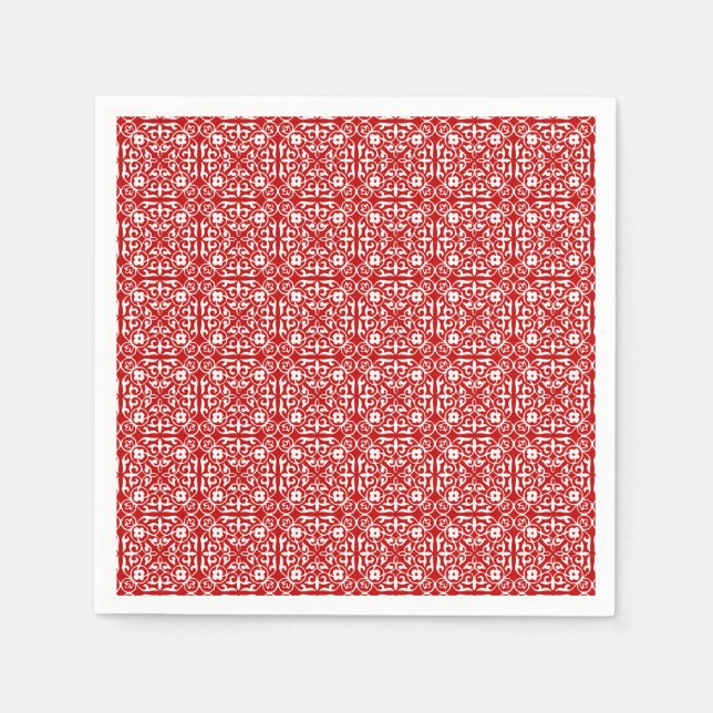 Servilleta De Papel Patrón de Damasco medieval, rojo y blanco (Anverso)
