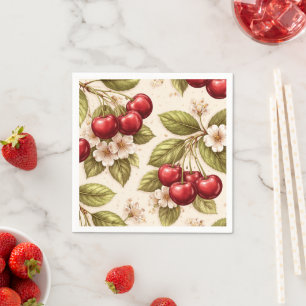 Servilleta De Papel Patrón de flor de cerezo vintage con cerezas rojas