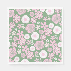 Servilleta De Papel Patrón de flor del Y2K 70s del Retro Blanco Rosa V