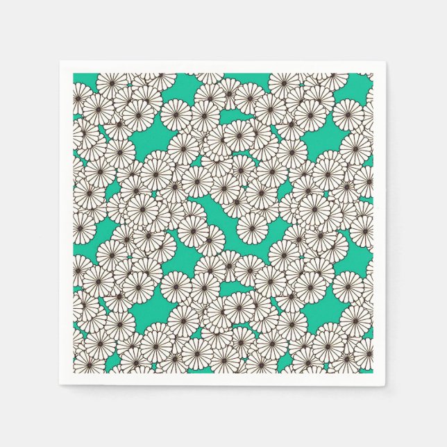 Servilleta De Papel Patrón de flores Art Decó - blanco sobre turquesa (Anverso)