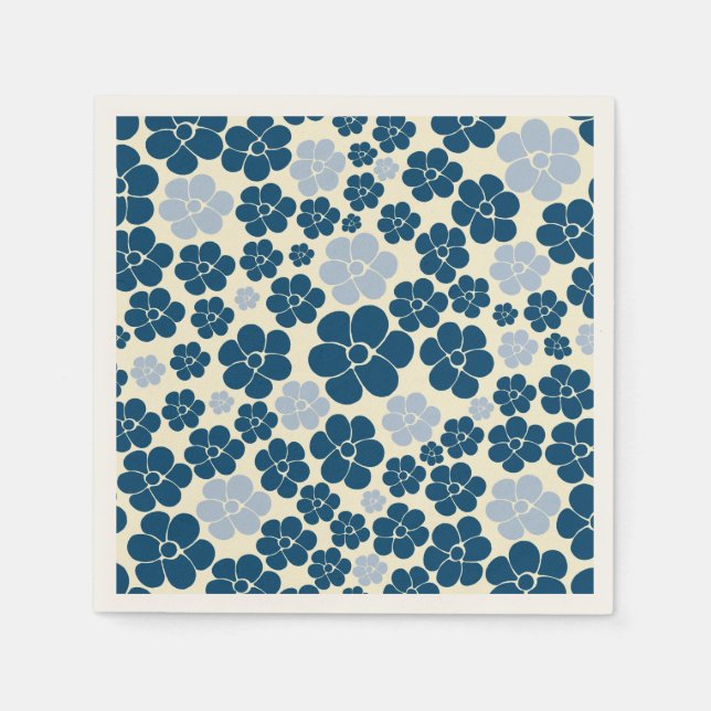 Servilleta De Papel Patrón de flores - azul oscuro, azul claro y crema (Anverso)