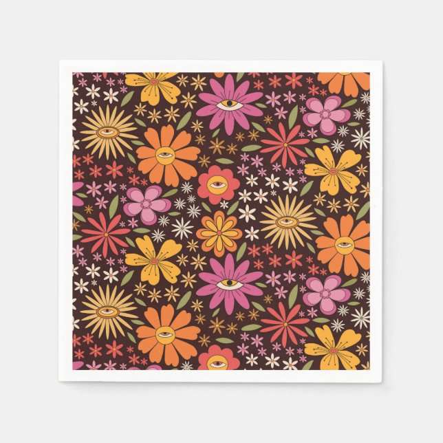 Servilleta De Papel Patrón de flores psicodélicas hippie de los 70 con (Anverso)