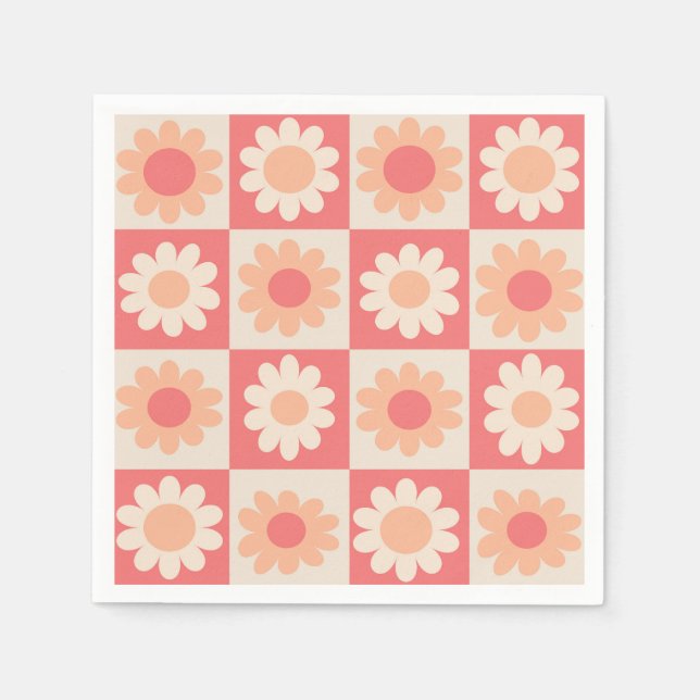 Servilleta De Papel Patrón de flores retro con melocotón a cuadros bor (Anverso)