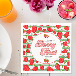 Servilleta De Papel Patrón de Fresa Blanca Verde Rústico Berry Primero