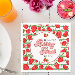 Servilleta De Papel Patrón de Fresa Blanca Verde Rústico Berry Primero