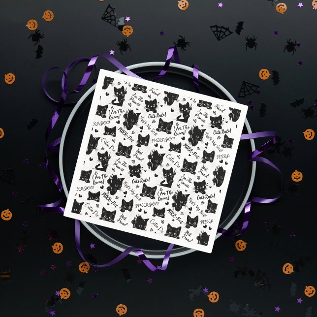 Servilleta De Papel Patrón de gatos y dichos negros (Cute Black Cats and Sayings with Hearts Pattern  for Cat Lovers and Halloween Paper Napkins)