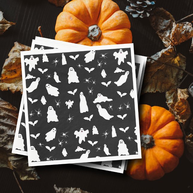 Servilleta De Papel Patrón de Halloween de Fantasma Cuta, Bats & Spide (Cute Ghost, Bats & Spiders Halloween Pattern Napkins)