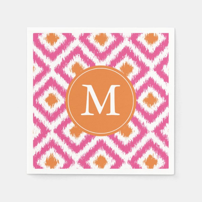 Servilleta De Papel Patrón de Ikat Tangerine Rosa Monogramado (Anverso)