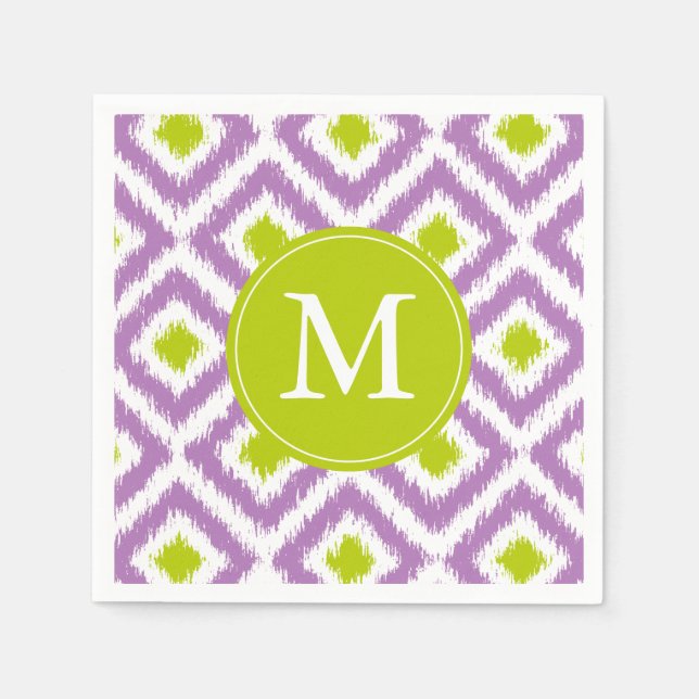 Servilleta De Papel Patrón de Ikat Verde Morado Monogramado (Anverso)