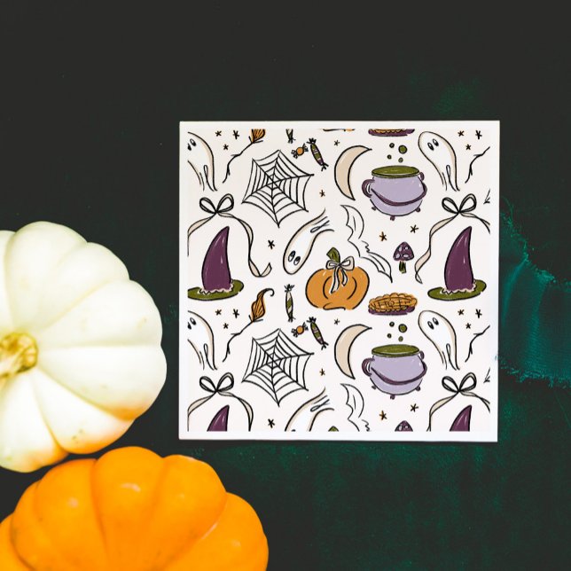 Servilleta De Papel Patrón de Ilustraciones de Halloween (Our Little Boo is Almost Due Halloween Illustrations Baby Shower Napkins)