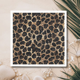 Servilleta De Papel Patrón de leopardo negro marrón dorado con brillo 