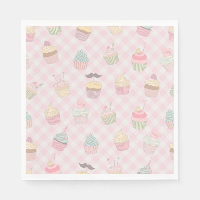 Servilleta De Papel Patrón de magdalenas rosadas y gingham (Anverso)