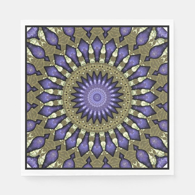 Servilleta De Papel Patrón de Mandala Black Violet Purple Faux Gold (Anverso)