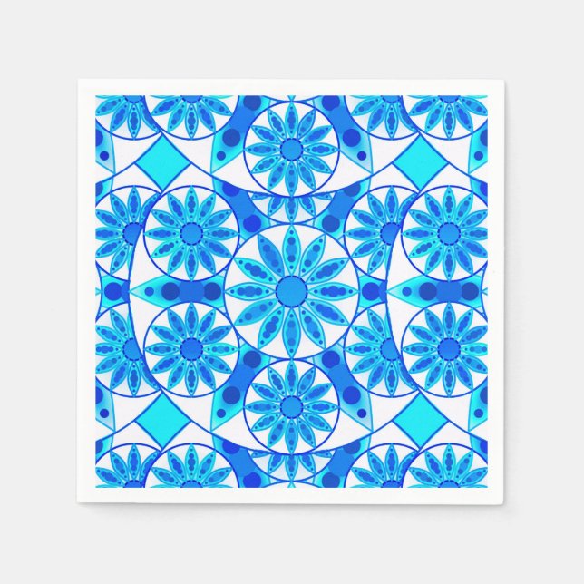 Servilleta De Papel Patrón de Mandala, cobalto, turquesa y blanco (Anverso)