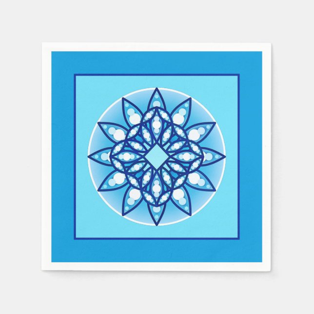 Servilleta De Papel Patrón de Mandala en turquesa, cobalto y blanco (Anverso)