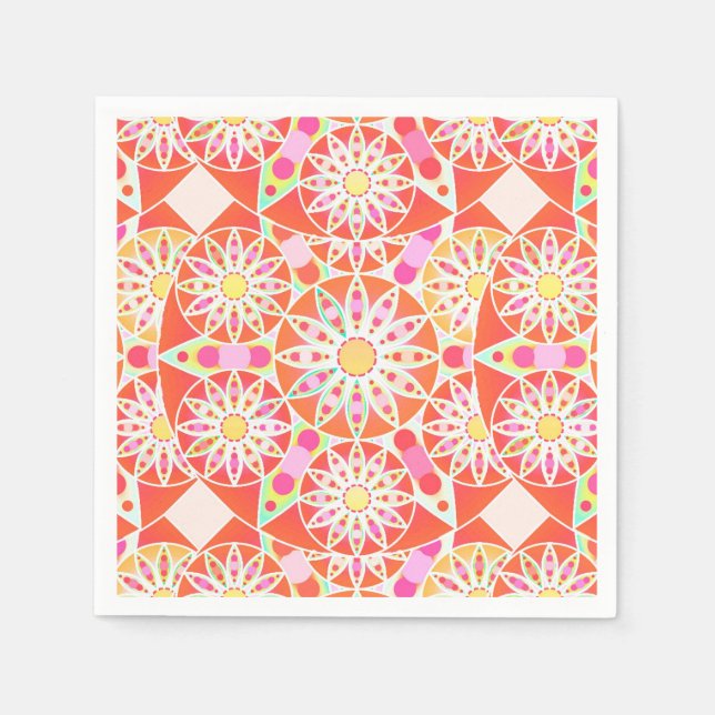 Servilleta De Papel Patrón de Mandala, rojo coral, rosa, dorado (Anverso)
