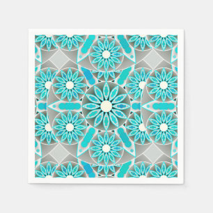 Servilleta De Papel Patrón de mandala, turquesa, gris plateado y blanc