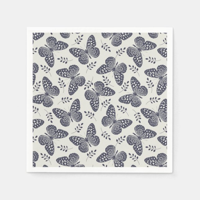 Servilleta De Papel Patrón de mariposa azul oscuro sobre fondo gris (Anverso)