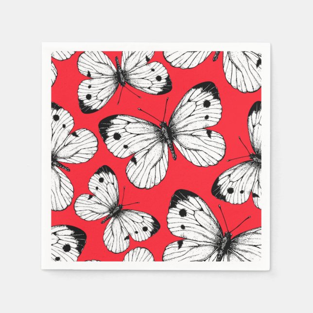 Servilleta De Papel Patrón de mariposa de col sobre rojo (Anverso)