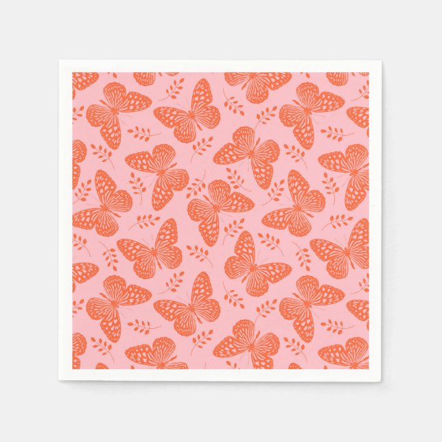 Servilleta De Papel Patrón de mariposa naranja sobre fondo rosa (Anverso)