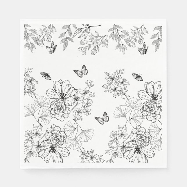 Servilleta De Papel Patrón de naturaleza floral en blanco y negro Mini (Anverso)