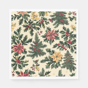 Servilleta De Papel Patrón de Navidad de Acebo Poinsettia Rojo Crema
