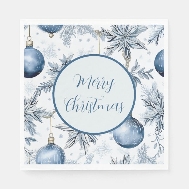Servilleta De Papel Patrón de ornamentos de árbol de Navidad azul vint (Anverso)