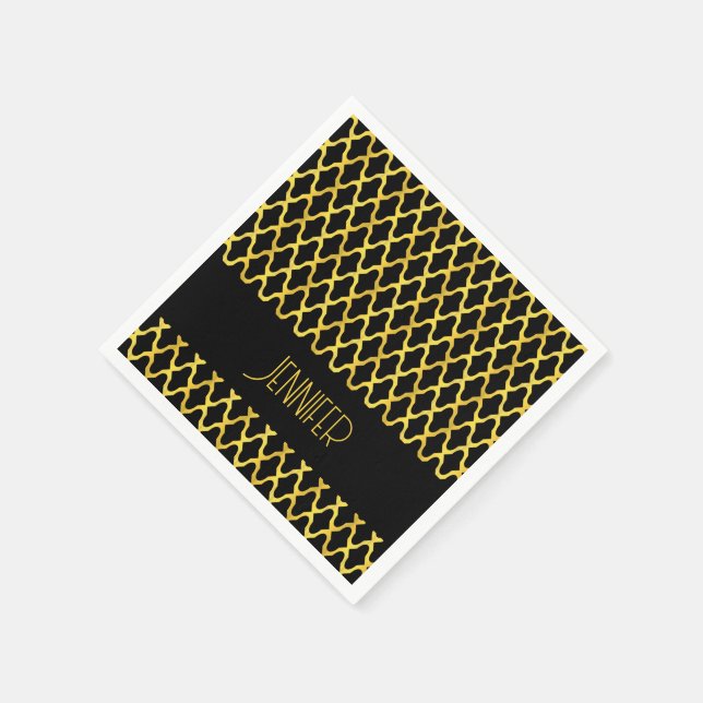 Servilleta De Papel Patrón de oro y quatrefol negro en monograma (Borde)