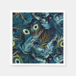 Servilleta De Papel Patrón de plumas de pavo real negro, azul y amaril