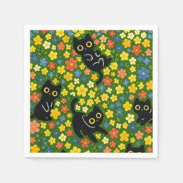 Servilleta De Papel Patrón de prado floral con gatos negros lindos
