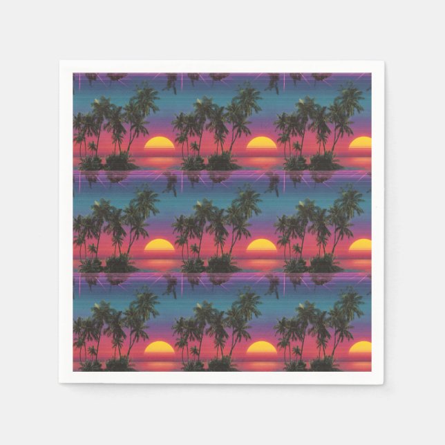 Servilleta De Papel Patrón de puesta de sol de palmera Retro Synthwave (Anverso)