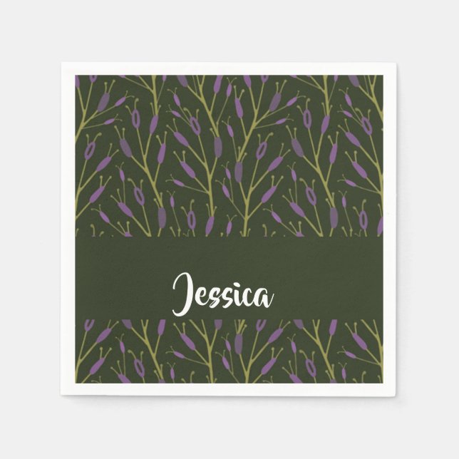 Servilleta De Papel Patrón de ramas florales púrpura y verde (Anverso)