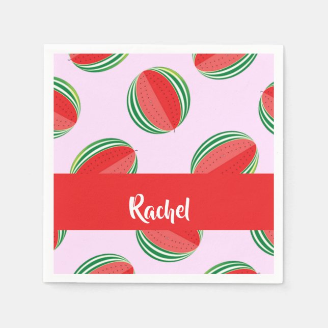 Servilleta De Papel Patrón de sandía en rodajas sobre rosa (Anverso)