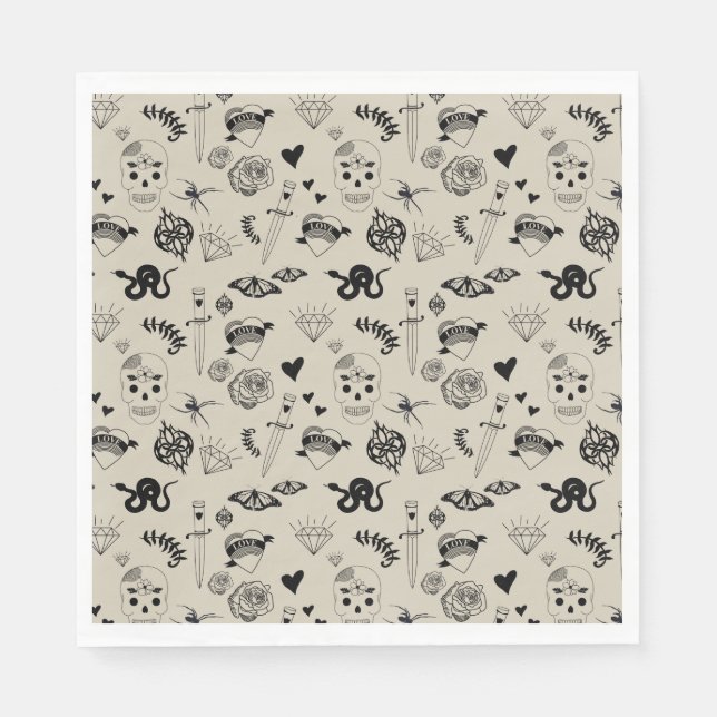 Servilleta De Papel Patrón de tatuaje dibujado a mano negro y beige (Anverso)