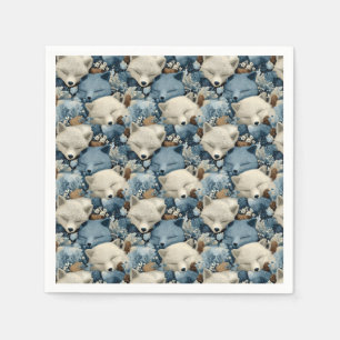Servilleta De Papel Patrón de zorros invernales durmiendo con azul y b