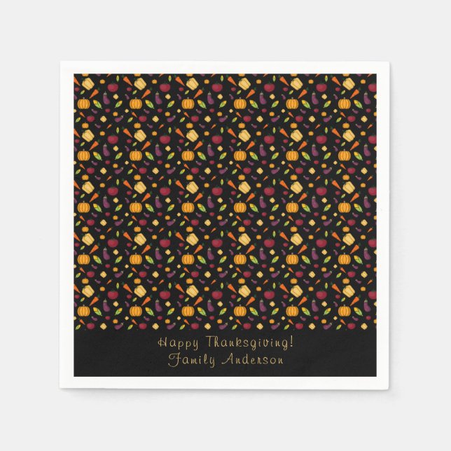 Servilleta De Papel Patrón feliz de verduras de acción de gracias negr (Anverso)