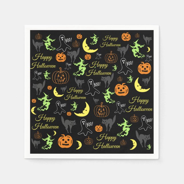 Servilleta De Papel Patrón Feliz Halloween Negro (Anverso)