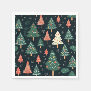 Servilleta De Papel Patrón festivo de árbol de Navidad verde y coral